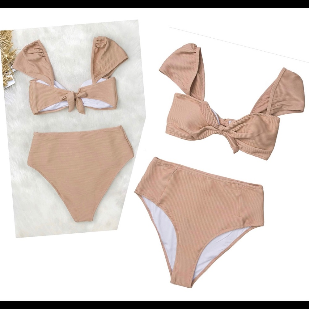 CUPSHE Women's Nude Bowknot Front High Waisted Bikini Two Piece Swimsuit Small
